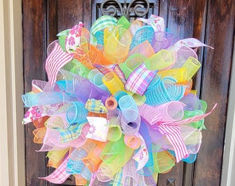 Big, Fluffy Deco Mesh Wreath - Handcrafted - Easter Egg Colors Bright Colorful - 26&quot; dia. Easter, Spring, Summer, Birthday NEW