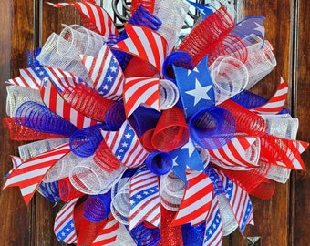 XL Hand-Crafted Patriotic Wreath Deco Mesh Spirals - Red - White - Blue - 27&quot; dia. 4th of July - Veteran&#39;s Day - Memorial Day - Festive