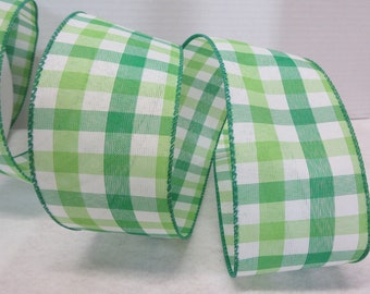 5 Yards Green and White Plaid Wired Edge Ribbon 2 1/2" Wide  Wreaths Decor Swag Summer Bows Embellishment St Patrick's Day
