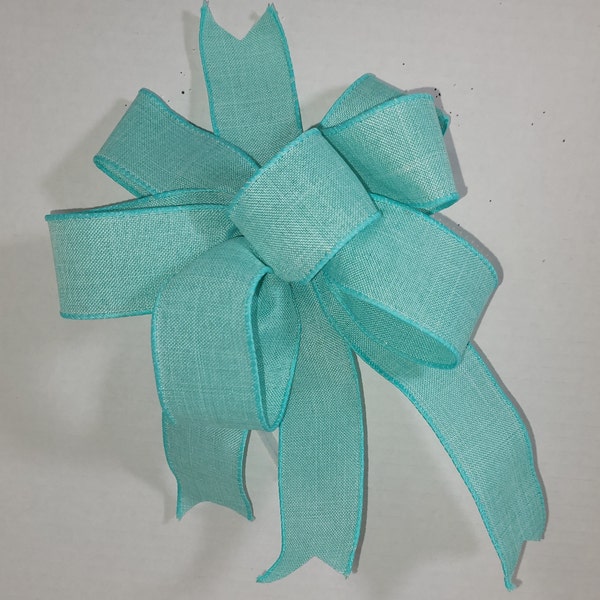 Country Spring Wreath Bow, Lantern Bow, Swag Bow Woven Solid Linen Look Aqua Spring Summer Easter