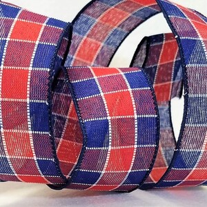 5 Yards Red and Blue Check Wired Edge Ribbon 1 1/2" Wide Patriotic 4th of July Wreaths Decor Swag Summer Independence Day