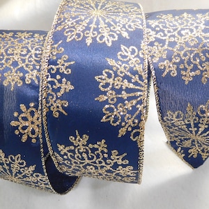 5 Yards Navy Satin Ribbon with Gold Glitter Snowflakes & Wired Edges - 2 1/2&quot; Wide - Elegant - Festive - Christmas -
