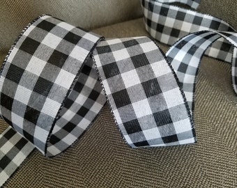 5 (Five)Yards Black and White Buffalo check Ribbon - wired edges - 2 1/2" Wide - Bows - Embellishment - Trim Christmas Lodge Rustic All Year