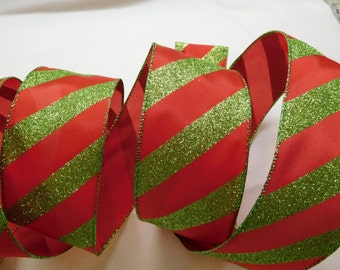 5 Yards Red with Green Glitter Diagonal Stripes - wired edges - 2 1/2" Wide - Bows - Embellishment - Trim - Christmas - Grinch - Fun