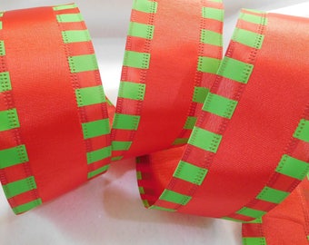 10 Yards - Red and Lime Green Satin and Woven Ribbon with Wired Edges - 2 1/2&quot; Wide - Festive - Christmas - Bows - Wreaths - Pkgs