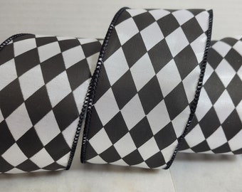 5 Yards Black and White Harlequin Wired Edge Ribbon 2 1/2" Wide  Wreaths Decor Swag Summer Bows Embellishment Packages