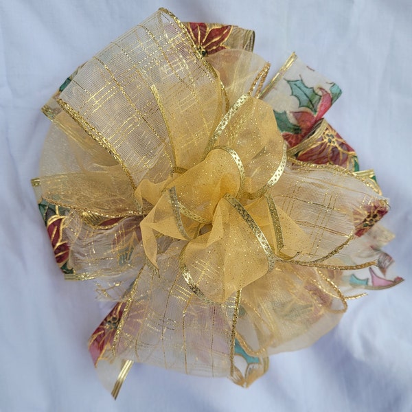 SALE  Christmas Wreath Bow, Lantern Bow, Swag Bow, Gold Ribbons Fancy Bow Christmas Tree Bow, Packages