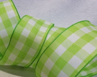 5 Yards Light Green and White Check Wired Edge Ribbon 2 1/2" Wide  Wreaths Decor Swag Summer Bows Embellishment Packages Spring