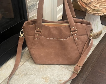 Faux Leather Crossbody Bag, Light Chocolate Brown, Adjustable Strap