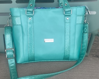 Green Glitter Vinyl Crossbody Handbag, Floral Interior