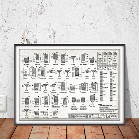 Cocktail Recipes Poster, Cocktail Blueprint Drawing, Cocktail Chart Print, Cocktail Printable Poster, Drinks Wall Decor, Alcohol Digital Art