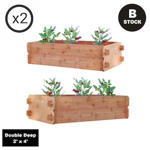 May include: Two cedar wood raised garden beds, each with three tomato plants growing inside. The beds are labeled "Double Deep 2' x 4'".