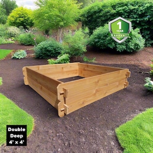 May include: A wooden raised garden bed, 4 feet by 4 feet, with a double depth design. The bed is made of natural cedar wood and is shown in a garden setting.