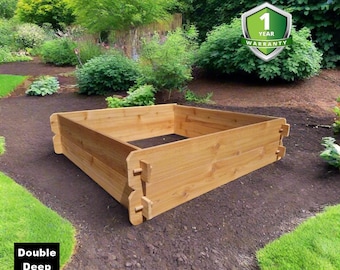 May include: A wooden raised garden bed, 4 feet by 4 feet, with a double depth design. The bed is made of natural cedar wood and is shown in a garden setting.