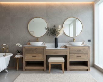 Custom Double Sink Vanity with Makeup Seating Area, US Made, Handmade, Makeup Vanity, Free Shipping, model 1138