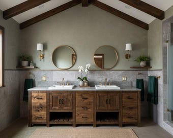 Custom Solid Wood Vanity, Luxury Storage Double Sink, Premium Statement Hardwood Cabinet, Oak Slat Shelf Lifetime Warranty, Free Shipping