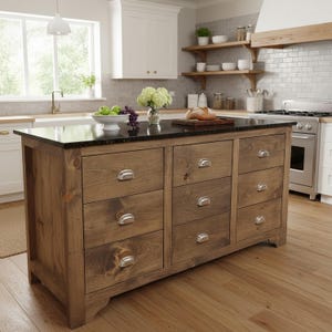 May include: A rectangular kitchen island made of medium-toned wood with a black granite countertop. The front features nine drawers arranged in three vertical columns, each equipped with a polished silver-toned metal cup-style handle.