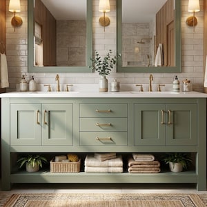 May include: A sage green double bathroom vanity featuring a white countertop, two rectangular mirrors, and brass hardware. The unit includes two cabinets with doors, three central drawers, and an open bottom shelf holding towels and plants.