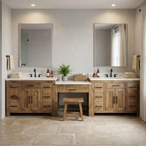 May include: A double bathroom vanity set with a light brown wood finish, white countertops, and two rectangular mirrors. The unit features two sinks, multiple drawers, cabinet doors with dark hardware, a central makeup vanity area, and a wooden stool.