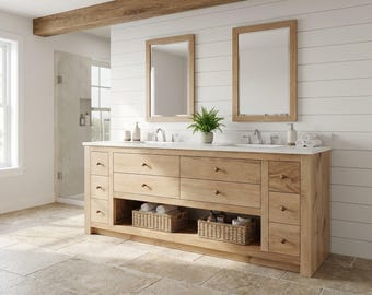 Clearpath Row Double Sink Vanity - Notched Drawers for Double sink, Handmade, Lifetime Warranty, Premium Hardware, Free Shipping, USA Made