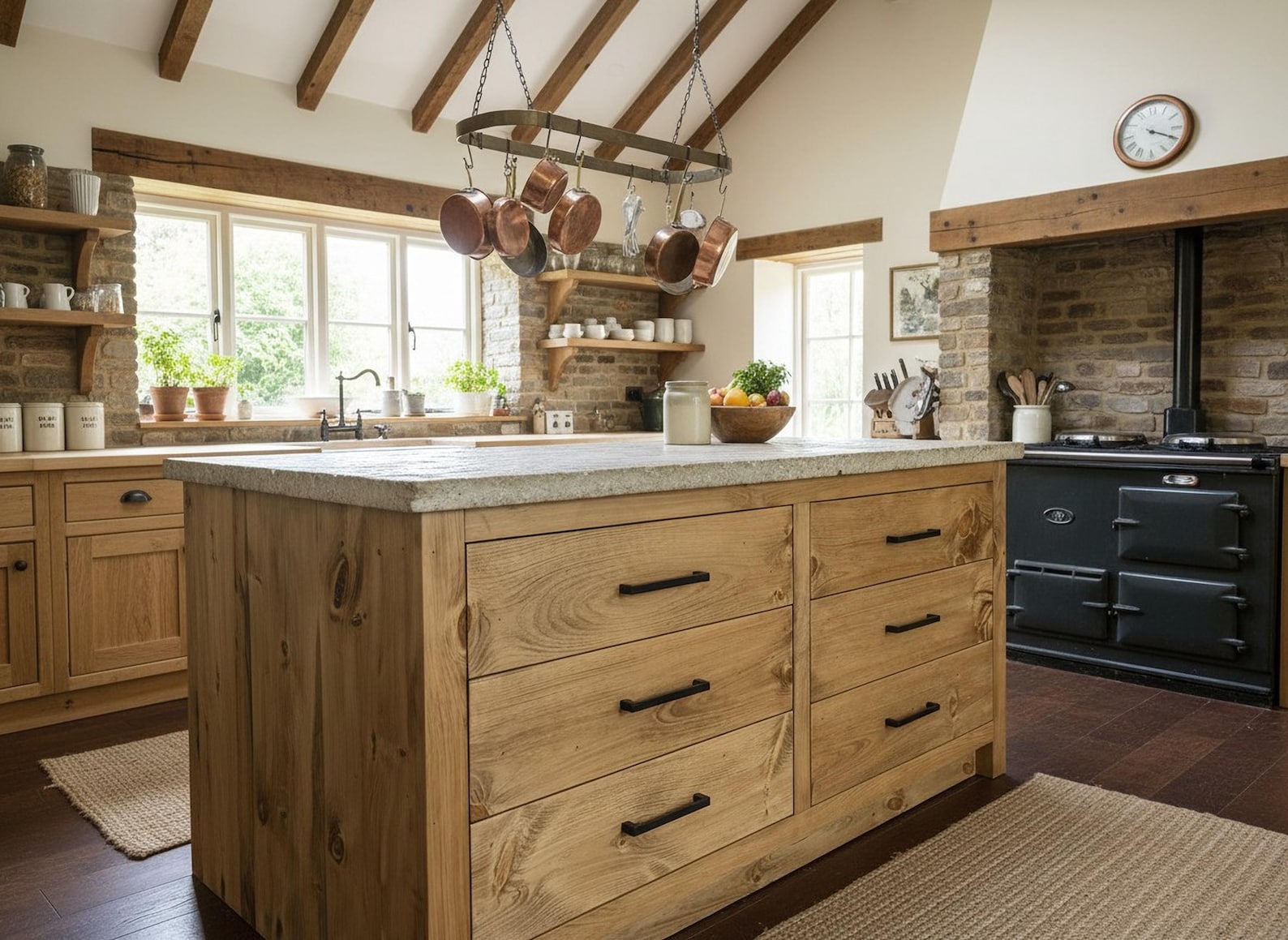 Handmade wood kitchen island for a cowgirl coastal kitchen
