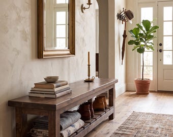 The Homestead Bench, Entry Luxury Storage Console, Premium Shelf Hardwood Slat Shelf, Oak Handcrafted Shoe Rack