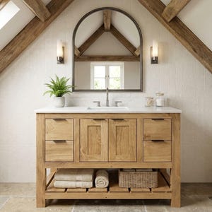 May include: A light brown wooden bathroom vanity with a white countertop, a rectangular sink, and a central faucet. The vanity features four drawers, two cabinet doors, and an open bottom shelf holding folded towels and a woven storage basket.