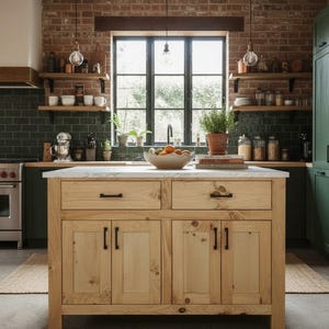 May include: A rectangular kitchen island made of light-colored natural wood with a white marble countertop. The island features two drawers and four cabinet doors with black metal handles, positioned in a kitchen with green tile and brick walls.