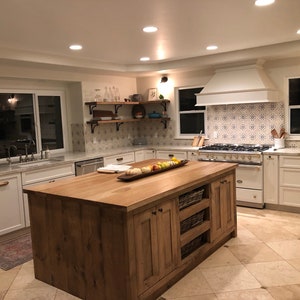 Custom Solid Wood Island, Luxury Storage Workstation, Double sided Alder Hardwood Peninsula, Oak Handcrafted Lifetime Warranty Breakfast Bar