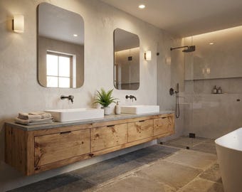 May include: A floating bathroom vanity crafted from natural wood with four drawers, featuring a gray stone countertop, two white rectangular vessel sinks, and two wall-mounted black faucets, positioned beneath two rectangular mirrors on a wall.