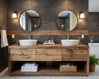 Zionwood Loft Double Sink Vanity, Solid Wood, Luxury Storage, Premium Shelf Hardwood Cabinet, Oak Handcrafted Bathroom Vanity, Free Shipping
