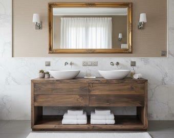 Modern Timber Double Basin Vanity, Handmade Hardwood Cabinet, Open Shelf Spa Fixture, Free Shipping, US Made
