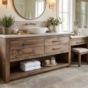 Heritage Single Sink Vanity with Makeup Area | Solid Wood Vanity, Handmade, USA Made, Custom Storage Cabinet, Free Shipping