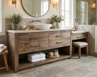 Heritage Single Sink Vanity with Makeup Area | Solid Wood Vanity, Handmade, USA Made, Custom Storage Cabinet, Free Shipping