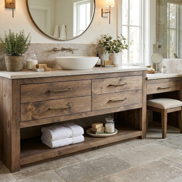 May include: A rustic wooden bathroom vanity featuring four drawers with bronze-toned pulls, an open lower shelf holding white towels and soap, a stone countertop with a white vessel sink, and an attached side vanity with a matching stool.