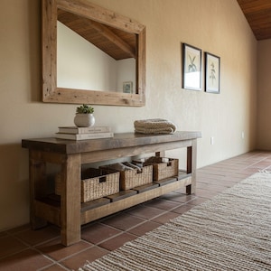 May include: A rectangular wooden bench with a dark brown finish, featuring a lower shelf holding three woven wicker baskets. The top surface holds two stacked books, a small white ceramic pot with a succulent, and a folded beige knit textile.