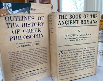 Vintage antique history books green hard cover 1955 Greek philosophy 1937 ancient Romans decorative staging worn books