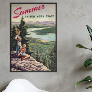 May include: Vintage travel poster advertising summer in New York State. The poster features a couple enjoying the view from a mountaintop overlooking a lake. The text reads "Summer in New York State."