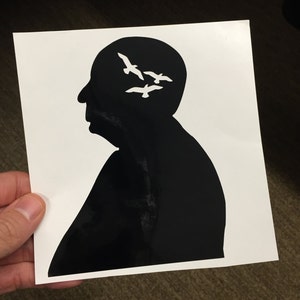 Alfred Hitchcock silhouette and film The Birds vinyl decal sticker