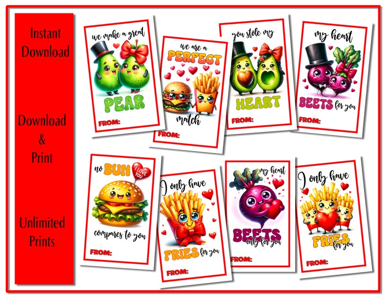 Foodie 3 Valentine Cards Printable Instant Download Valentine s Day Cards Etsy