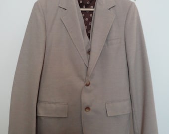 Authentic 1970s disco era polyester 3 piece suit, beige small mens/teen