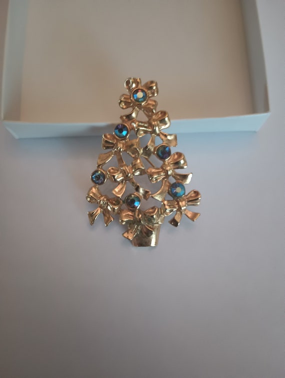 Christmas Tree Brooch or Pin, Gold and Blue  Avon - image 1