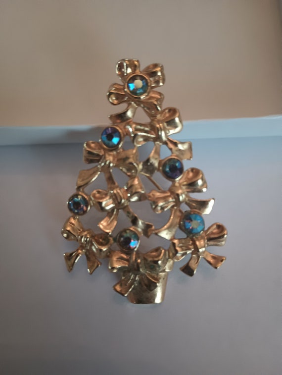 Christmas Tree Brooch or Pin, Gold and Blue  Avon - image 2