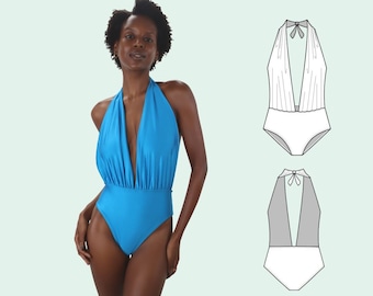 Camille Swimsuit PDF Pattern / Halter deep plunge neckline swimsuit   / Includes US sizes xs to xl (Approx. UK 8 – 20) / Digital Download