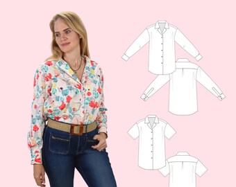 May include: A white button-down shirt with a collar and long sleeves. The shirt is shown in four different views, including the front, back, and both sides. The shirt is a loose fit and has a relaxed silhouette.