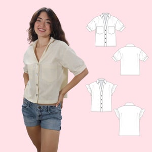 May include: A woman wearing a short-sleeved, light yellow button-down shirt with two front pockets and a collar. The shirt is paired with denim shorts. Technical drawings of similar shirts are shown on the right.
