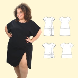 Può includere: Un abito nero con un dettaglio annodato sul lato e uno spacco sulla gamba. L'abito è mostrato su una modella con i capelli ricci. Ci sono quattro disegni a linea dell'abito in bianco su uno sfondo giallo.