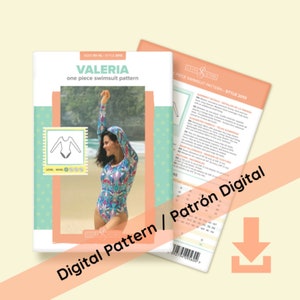 Puede incluir: Un patr&oacute;n digital para un ba&ntilde;ador de una pieza Valeria. La portada del patr&oacute;n presenta a una mujer con un ba&ntilde;ador colorido de manga larga. El patr&oacute;n incluye un diagrama y el texto "Digital Pattern / Patr&oacute;n Digital".