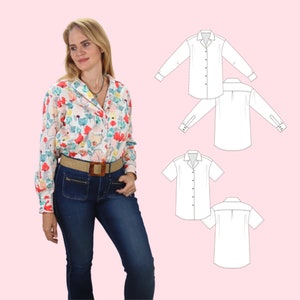 Juany Women’s loose fit button-up collar shirt PDF Pattern / 2 Styles / Includes xs to xxl (Approx. UK 8 – 22) / Digital Download