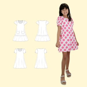 May include: A white dress with a ruffled hem and short sleeves. The dress has a heart-shaped pocket on the front. A girl is wearing a pink dress with a floral pattern and short sleeves.